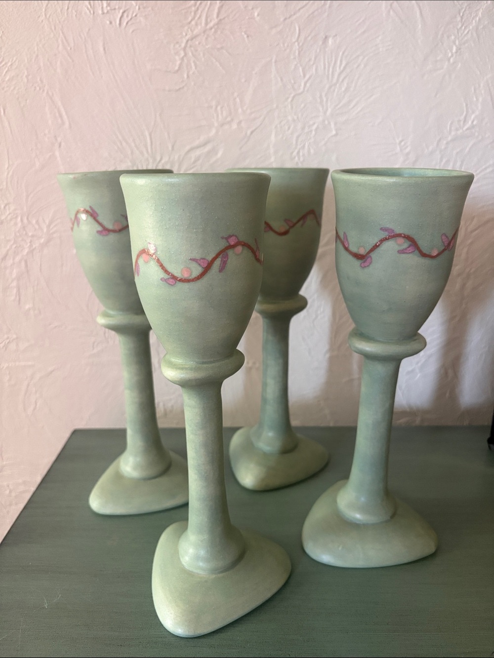 Alex Broussard Pottery Set of 4 Pale Green Goblets with Pink/Purple Vine